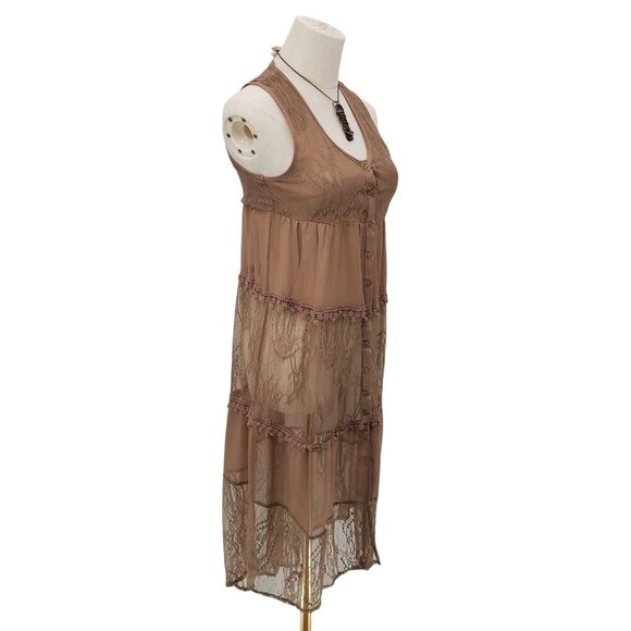 Taylor & Sage Womens Long Lace Button Front Tank Top Size XS Brown Sheer Boho - Picture 2 of 14